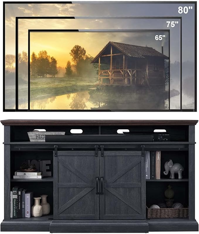 Farmhouse TV Stand for 80 Inch TVs, 37.4"Tall Entertainment Center w/Storage Cabinets and Sliding Barn Door, Media Console Cabinet w/Soundbar & Adjustable Shelves for Living Room, 70 inch (Dark Grey)