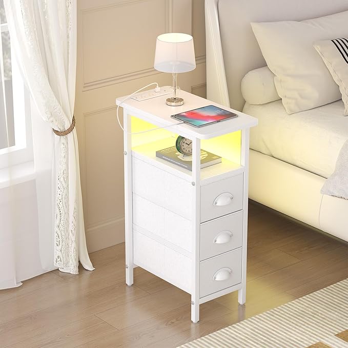 sthmec End Table with Charging Station,LED Side Tables with USB Ports and Outlets,Skinny Bedside Tables with 3 Drawers,Small Tabls Nightstands for Small Space,Slim Sofa Table for Livingroom, White