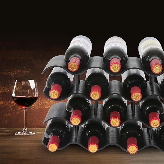 Countertop Wine Rack - 14 Bottle Freestanding Wine Bottle Holder Stand - 4 Tier Wooden Wine Storage Rack - Black Wavy Wine Organizer for Cabinet Pantry Home Kitchen Bar