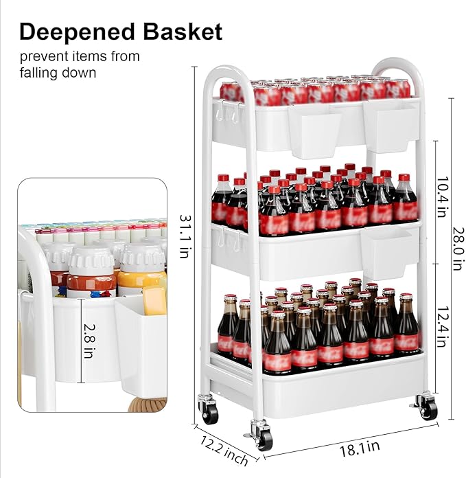 3 Tier Rolling Cart Metal with Wheels, Heavy Duty White Three Tiered Craft Cart Organizer on Wheels, Utility Roller Storage Carts for Art, Baby Nursery, Diaper Caddy, Snack,Book,Nail,Cleaning Supplies