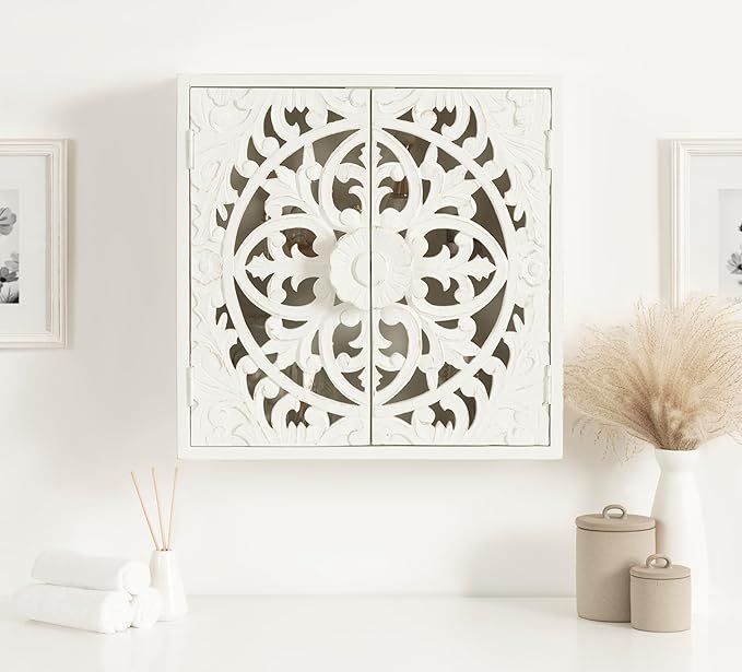 Kate and Laurel Saanvi Traditional Carved Wood Wall Cabinet; 20 x 6 x 20; White; Dimensional Over The Toilet Storage Cabinet for Bathroom Storage and Display