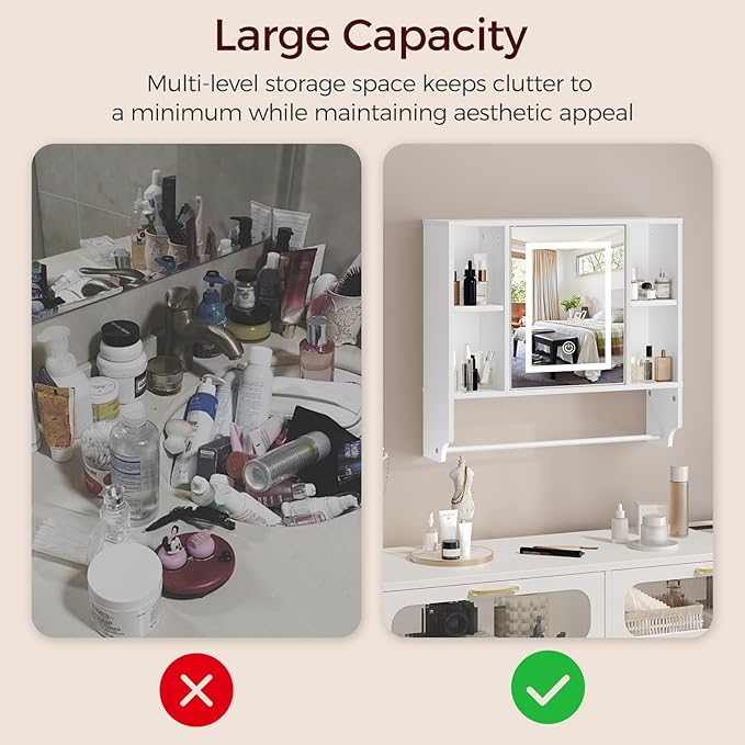 MAHANCRIS Bathroom Wall Cabinet with Mirror, Wall Mounted Medicine Cabinet with Color Adjustment LED Lights, Mirrored Over The Toilet Storage Cabinet with Adjustable Shelves, 23.6''W x 21.6''H, White