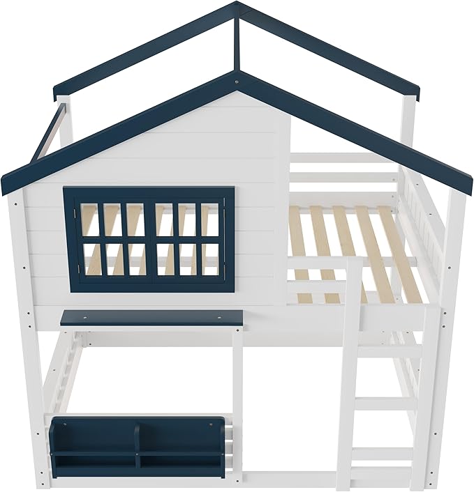 Full Size House Bunk Bed Frame with Storage Bookshelf, Window, Wooden Floor Bunk Bed with Fences, Space Saving for Kids Adults, No Noise, White