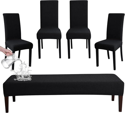 FORCHEER Dining Chair Covers and Bench Covers Set Waterproof Black Jacquard 4 Dining Room Chair and Bench Slipcover Washable