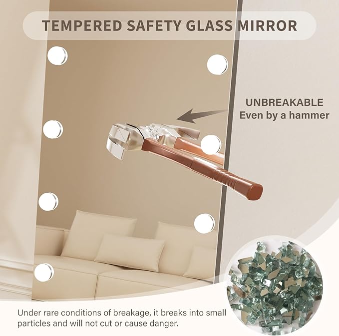 Kosmonia 62x20 Hollywood Full Length Mirror with Light, 20 Dimmable Bulbs & 3 Color Smart Touch Control, Distortion Free, Tempered Glass, Safe Full Body Mirrors with Stand