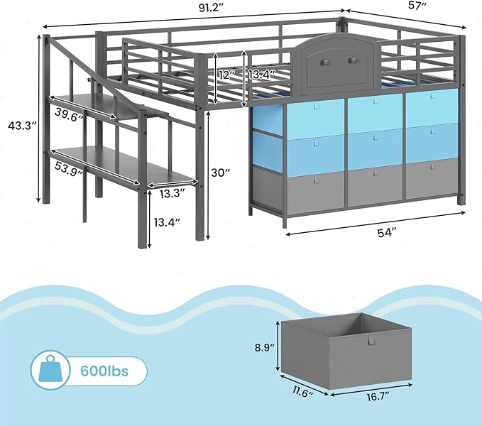VIAGDO Low Loft Bed Full Size with 9 Storage Drawers and LED Lights, Metal Full Size Loft Bed with Stairway Shelf Storage, Low Loft Bed with Safety Guardrail and Under-Bed Hideaway for Kids, Grey