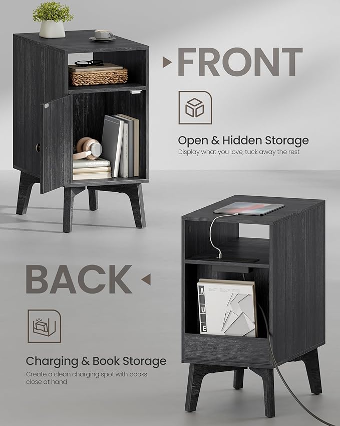 VASAGLE MAEZO Collection - End Table with Charging Station, Narrow Side Table, Nightstand with Tapered Legs, Curved Transitions, for Small Spaces, Living Room, Bedroom, Charcoal Gray ULET329B101S