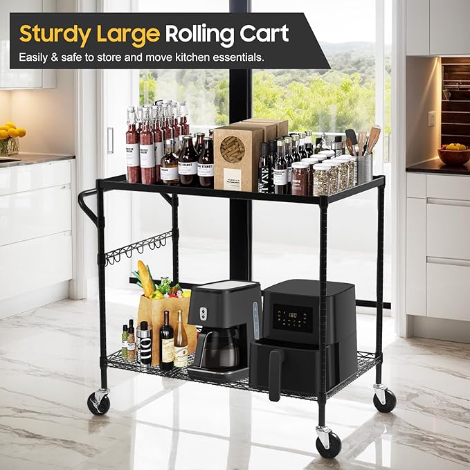 WDT 2-Tier Utility Cart with Wheels, Metal Cart with 1000LBS Capacity, NSF Heavy Duty Rolling Cart, Commercial Grade Serving Tool Storage Carts for Warehouse Garage Kitchen, 24"D x 40"W x 39"H, Black