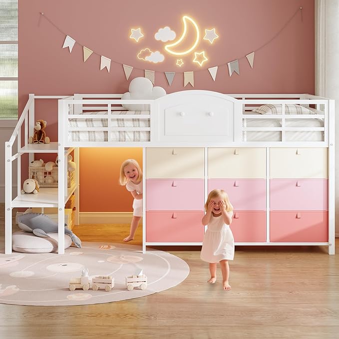 VIAGDO Low Loft Bed Twin Size with 9 Storage Drawers and LED Lights, Metal Twin Loft Bed with Stairway Shelf Storage, Low Loft Bed with Safety Guardrail and Under-Bed Hideaway for Kids, White