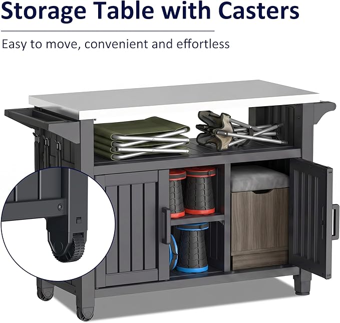 EasyUp Outdoor Storage Cabinet,Patio Storage Table, Bar Table with Wheels,Outdoor Bar Cart for Patio, Poolside and Backyard,Black