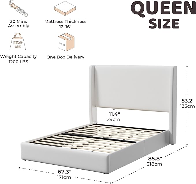 RECCI Queen Bed Frame with 53" Extra Tall Wingback Headboard, Luxury Upholstered Platform Bed Frame, Heavy Duty Support, Noise-Free, Easy Assembly, No Box Spring Needed, Ivory White Canvas