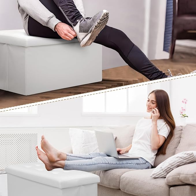 Athena Collection Leather Ottoman with Storage, 30 Inches Large Storage Ottoman Bench with 90L Storage, End of Bed Bench Foot Rest for Living Room, Bedroom, Entry, White