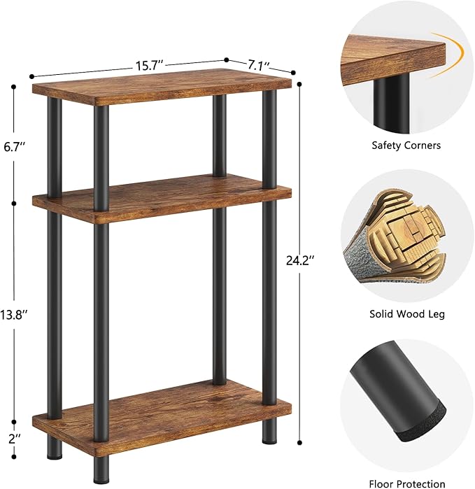 Apicizon Small Narrow Side Table, 3-Tier Skinny End Table for Small Spaces, Slim Nightstand with Storage Shelf, Bedside Table for Living Room, Bedroom, Rustic Brown and Black
