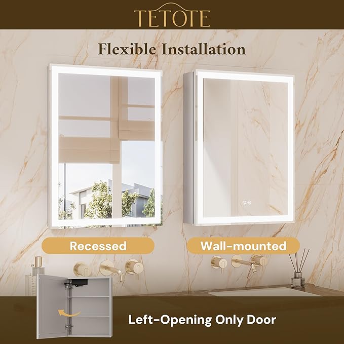 TETOTE 36 x 32 Medicine Cabinet with Lights, Adjustable Shelves, Silver Aluminum Cabinet, Anti-Fog Stepless Dimmable 3 Colors White/Warm/Natural, Easy to Install(Wall Mount/Recessed)