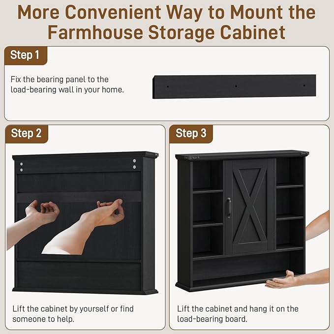 Halitaa Bathroom Wall Cabinet, Farmhouse Medicine Cabinet with Adjustable Shelves and Barn Doors, Large Wall Mounted Over the Toilet Storage Cabinet for Bathroom, Laundry Room, Kitchen, Rustic Black