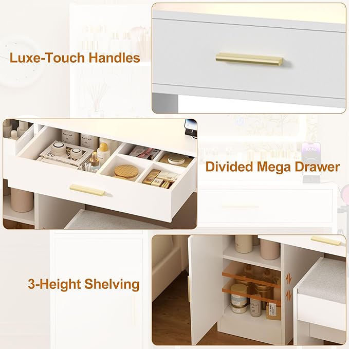 ERLEJIA Vanity Desk with Mirror and Lights & Extral Foldable Desk, 31.5" & 39.3" Makeup Vanity Table with 4 Drawers and 3 Open Shelves, Dressing Table for Bedroom, White