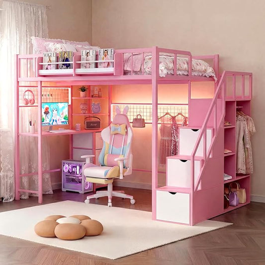 Kikihouse Full Size Loft Bed with Desk and Stairs, Headboard, Wardrobe, Bedside Storage Shelf, 6 Drawers, Charging Station & LED Light, Metal Gaming Loft Bed Frame for Adult Space-Saving