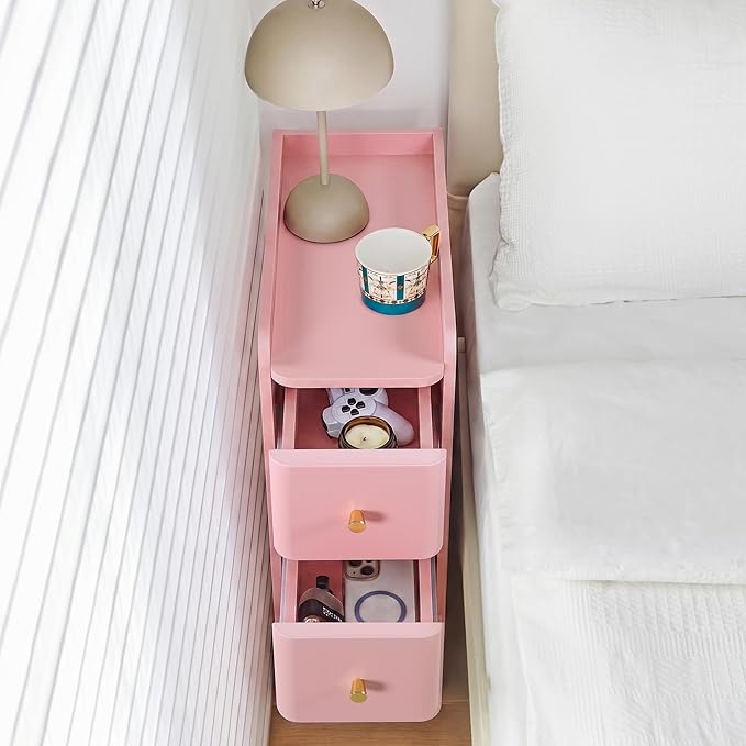 Pink Narrow Nightstand, Wooden Small 2 Drawer Nightstand, Slim Side End Table, Skinny Bedside Table, Mid Century Modern Night Stand with Drawers, for Living Room (Pink-1 pc)