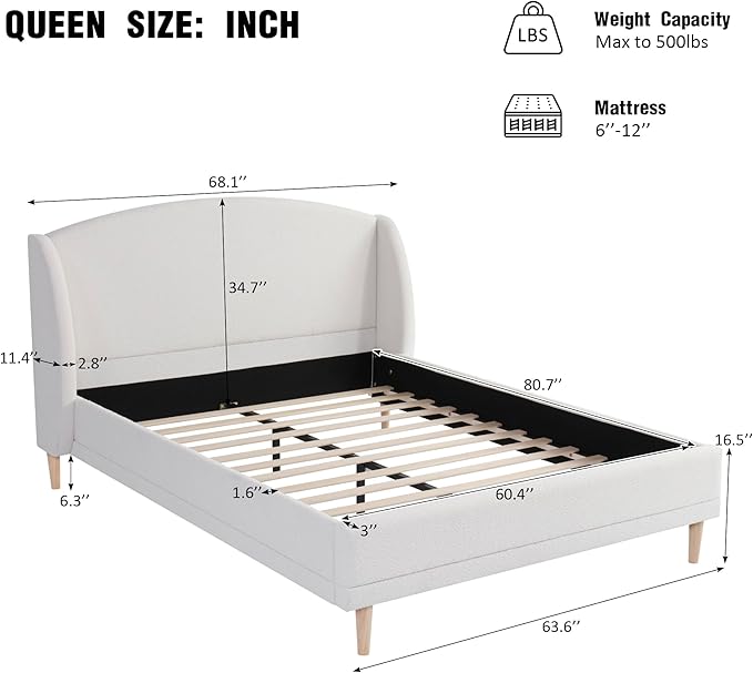Christopher Knight Home Hazel Queen Size Bed Frame, Upholstered Platform Bed, Soft Boucle Wingback Headboard, Wood Bed Support and Slats, Curved-Shaped Headboard Queen Bed for Adult, 44.50" H White