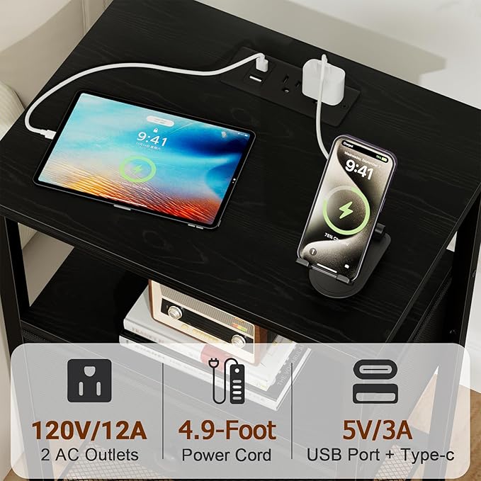 LOAKEKEL Night Stand, Nightstand with Charging Station, Slim Industrial Bedside Table with Fabric Drawer, Small End Table with USB & Type-C Ports for Bedroom, Black, HETS010BK-1