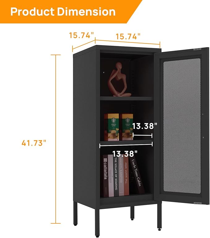 Slim Metal Storage Cabinet with Mesh Doors - 42'' Tall Narrow Organizer Tower, Compact Freestanding Cabinet, Versatile Utility Storage for Home, Office, Kitchen, Living Room, Durable and Modern Design