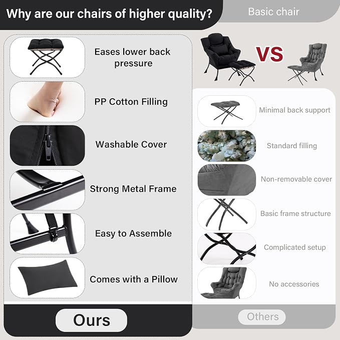 Furlide Lazy Chair with Ottoman, Comfy Fabric Accent Lounge Arm Chair with Lumbar Pillow and Folding Footrest, Reading Leisure Sofa Chair for Bedroom, Living Room, Dorm,Black
