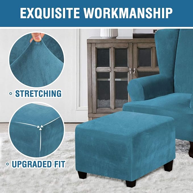 H.VERSAILTEX Square Ottoman Covers Ottoman Slipcover Square Footstool Protector Covers Storage Stool Ottoman Covers Stretch with Elastic Bottom, Feature Real Velvet Plush Fabric, Peacock Blue