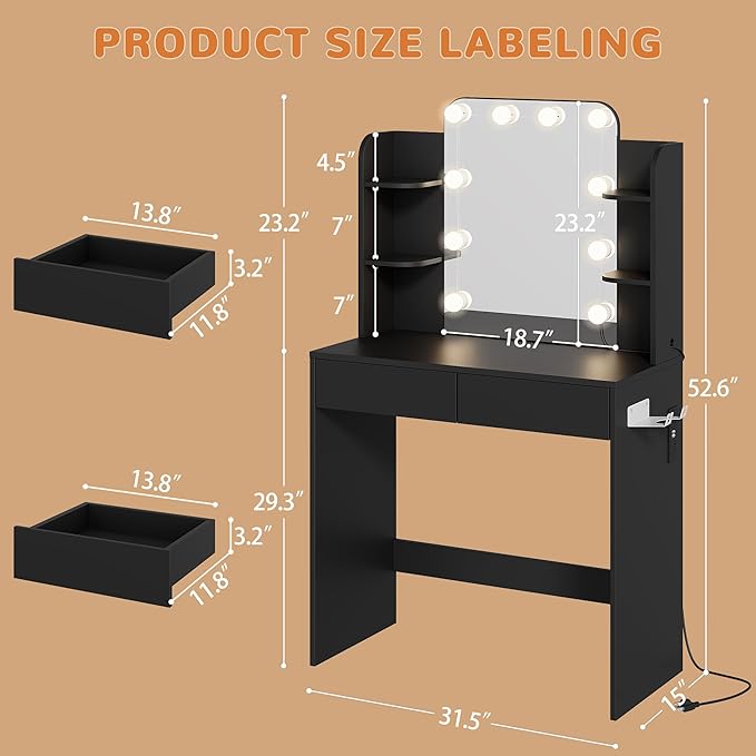 wanan Vanity Desk with Mirror and Lights 3 Colors, Girls Vanity Set with Power Outlet, Compact Vanity Table for Small Space, Black Vanity Desk only