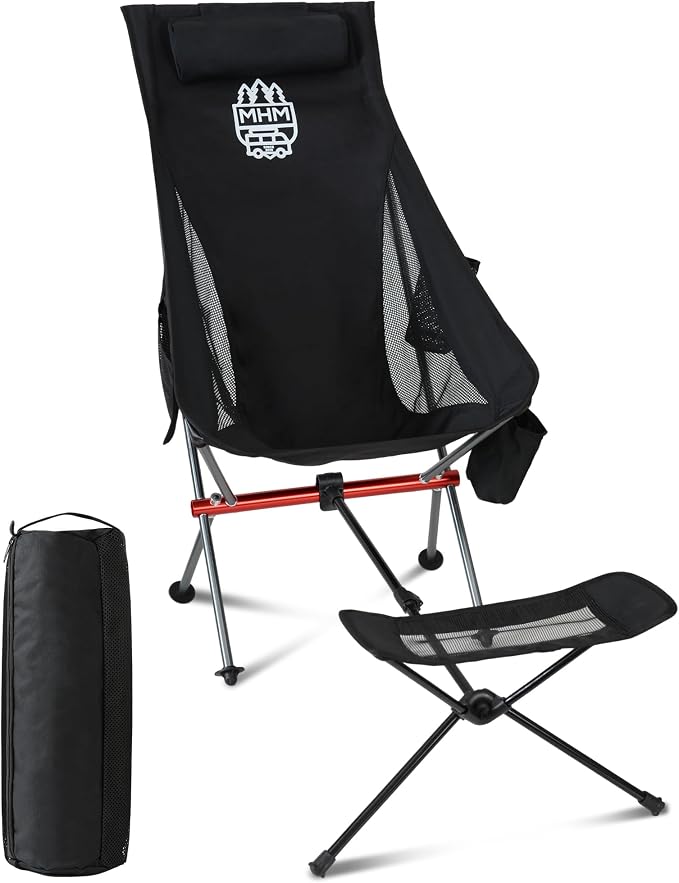 MHM Portable Camping Chair with Footrest, High Back Reclining Lightweight Folding Chair with Cup Holder, Storage Pocket & Carry Bag for Camping, Beach, Backpacking, Outdoor