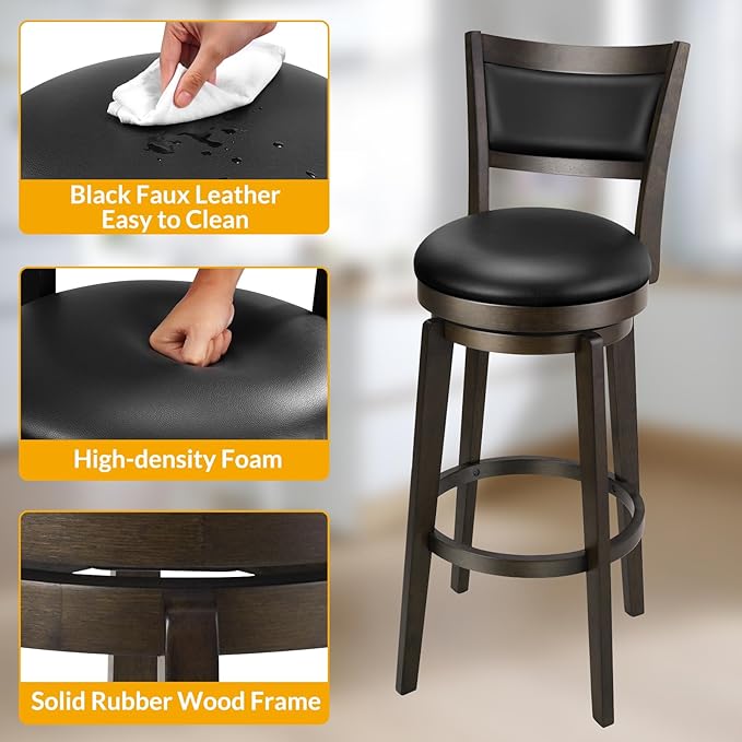 PrimeZone Swivel Bar Stools Set of 4, 32 Inch Tall Bar Height Barstools, Black Faux Leather Bar Stool with High Backrest & Solid Wood Legs & Wrap-Around Footrest, Counter Stools for Pub