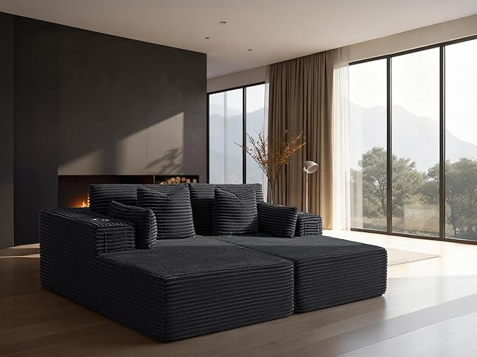 72" Cloud Sectional Couch, Comfort Sleep Sofa for Living Room, Extra Deep Seats No Assembly, Minimalist Modular Couch, Corduroy (Black, Loveseat Chaise)