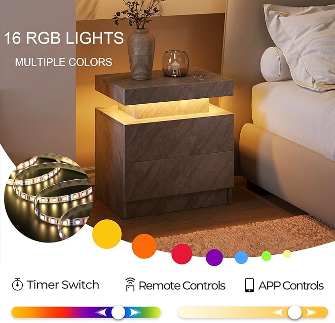 LED Nightstand Modern Bedside Table for Bedroom Night Stand with 2 Wood Drawers End Side Table with 16 Colors LED Strip for Bedroom