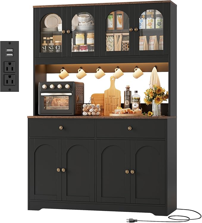 HIFIT 71" LED Kitchen Pantry Cabinet with Power Outlet, Large Kitchen Hutch Cabinet with 2 Storage Drawers & Arched Door, Countertop & Hooks, Tall China Bar for Dining Living Room (Black)
