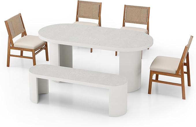 Christopher Knight Home Outdoor Dining Set 6 Piece, 67.5 Inch Terrazzo Concrete Table with 4 Acacia Wood Wicker Chairs and 60 Inch Bench, Patio Dining Set with Cream Cushions for Garden Deck Backyard