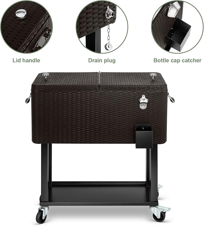 80 Quart Rolling Ice Chest Cooler Cart,Patio Backyard Party Drink Beverage Bar Stand Up Cooler Trolley with Ice Scoop
