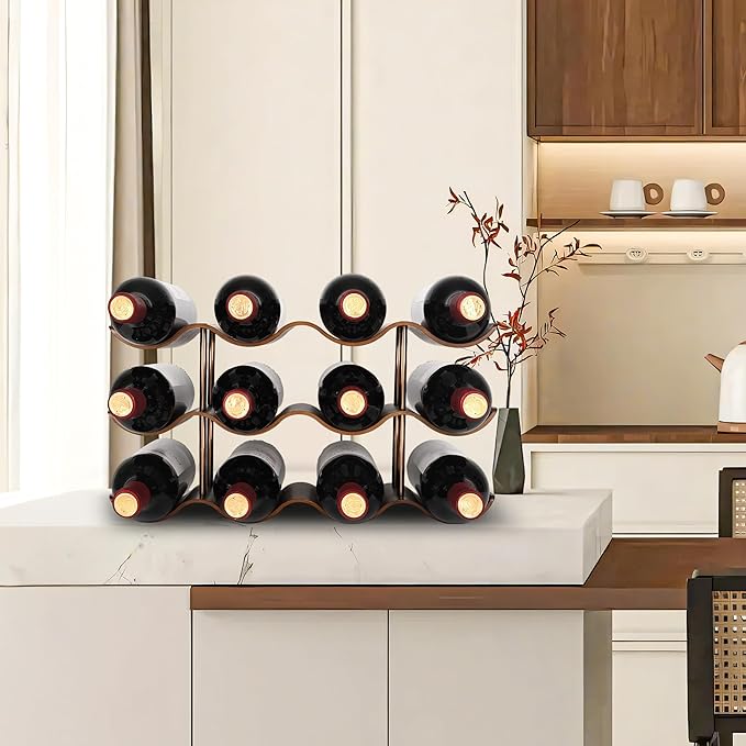 Countertop Wine Rack - 12 Bottle Freestanding Wine Bottle Holder Stand - 3 Tier Wooden Wine Storage Rack - Walnut Wavy Wine Organizer for Cabinet Pantry Home Kitchen Bar