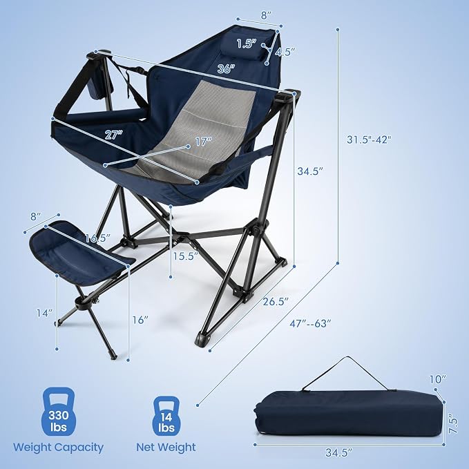 COSTWAY Folding Camping Chair, Portable Beach Chair with Retractable Footrest, Adjustable Back, Cup Holder & Carry Bag, Outdoor Lawn Patio Chair for Camping, Fishing, Hiking (Navy, 2 Pack)