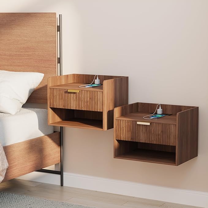 Arbuxzuy Floating Nightstand Set of 2 with Charging Station, Modern Wall Mounted Bedside Table with Drawer & Open Shelf, Minimalist Wooden Night Stand for Bedroom (Walnut Brown)