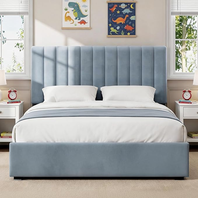 Welzona Queen Bed Frame with Headboard, Velvet Fully Upholstered Metal Platform Bed with Vertical Channel Tufted Headboard, 3-Level Height, Under-Bed Storage, Metal Support, Easy Assembly, Blue