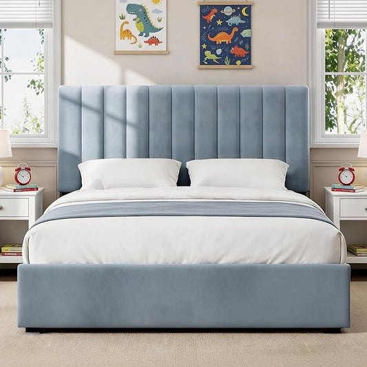 Welzona Queen Bed Frame with Headboard, Velvet Fully Upholstered Metal Platform Bed with Vertical Channel Tufted Headboard, 3-Level Height, Under-Bed Storage, Metal Support, Easy Assembly, Blue