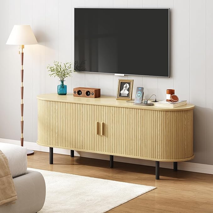 ONBRILL 63" TV Stand with Power Outlet for TVs up to 70 Inch, Entertainment Center with Storage and Adjustable Shelves, Modern Media Console with Sliding Doors for Living Room, Oak