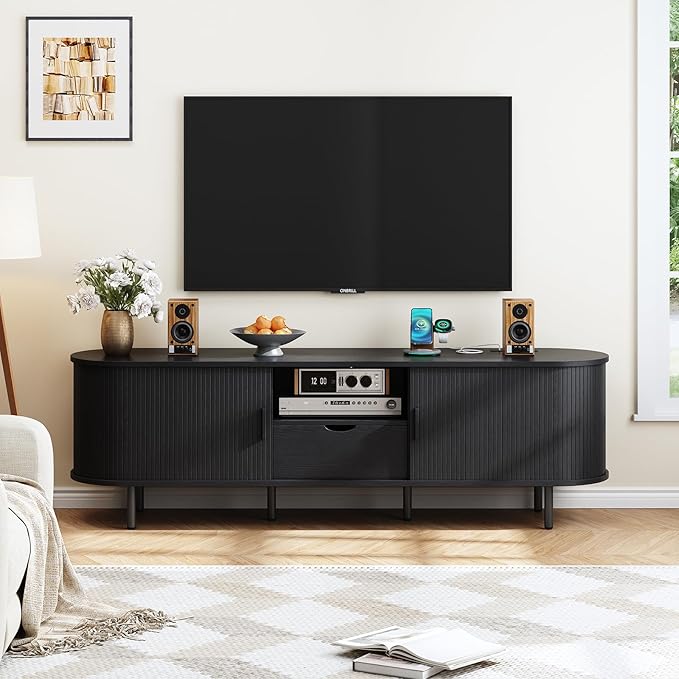ONBRILL 69" TV Stand with Power Outlet for TVs up to 80", Entertainment Center with Storage and Drawer, TV Console with Adjustable Shelves and Sliding Door, TV Stand for Living Room, Bedroom, Black