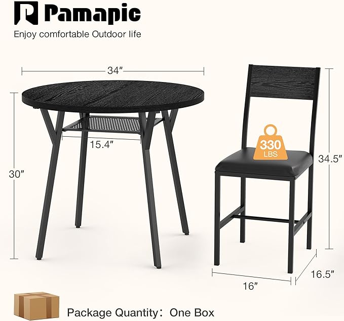 Pamapic Round Dining Table Set for 4, Kitchen Table and Chairs for 4, Dining Room Circle Dinner Pedestal Table, Solid Metal Frame, Space Saving Wood Small Kitchen & Dining Room Furniture, Black