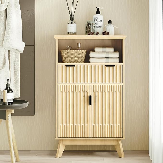 Fatmok Buffet Cabinet with Storage Seto of 2, 40" Modern Fluted Coffee Bar Cabinet with Drawer & Open Shelf, Wood Buffet Sideboard Console Table for Entryway, Kitchen, Living Room (Natural Wood)