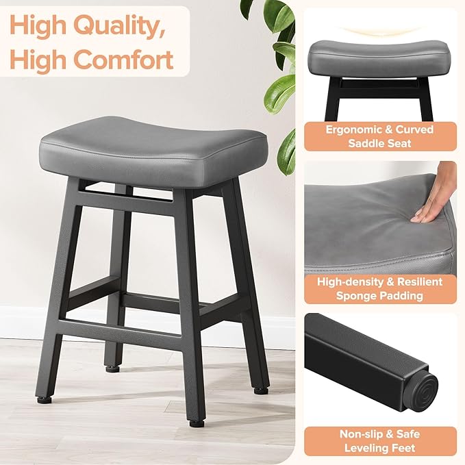Raynesys Counter Height Bar Stools Set of 3, 24 Inch Barstools for Kitchen Counter, Kitchen Stools with Bonded Leather Saddle Seats & Heavy Duty Metal Legs, Easy Assembly, Gray/Black