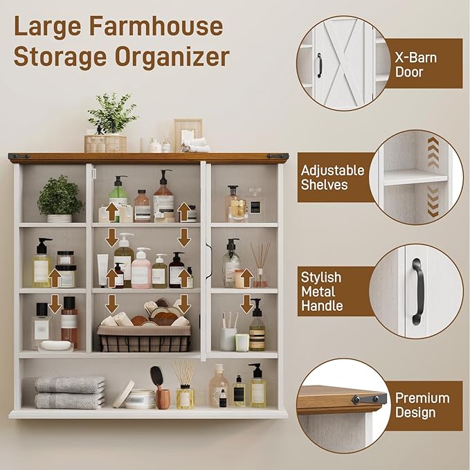 Bathroom Wall Cabinet, Farmhouse Medicine Cabinet with Adjustable Shelves and Barn Doors, Large Wall Mounted Over the Toilet Storage Cabinet for Bathroom, Laundry Room, Kitchen, Rustic White and Brown