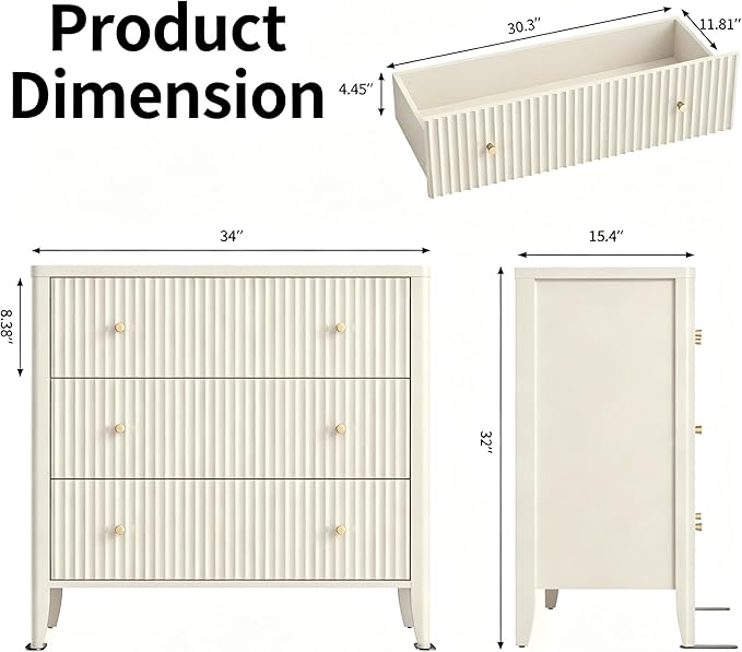 Fatmok Fluted 3 Drawer Dresser for Bedroom, 34" Wide Chest of Drawers, Modern Wood Nightstand End Table with Metal Handles, Striped Storage Cabinet for Living Room, Hallway, Entryway, Alabaster White