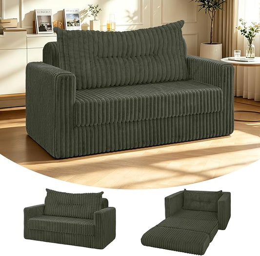 HABUTWAY 41.3" Loveseat Boneless Couch, 4-in-1 Convertible Sofa Bed, Plush Fur Folding Futon Sofa Bed Couches with a Pillow for Living Room, High-Density Foam Support, No Assembly Required, Green