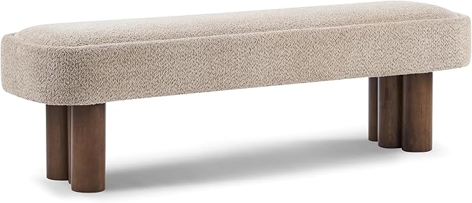 Merax 60.04'L Indoor Boucle Dining Bench with Walnut Color Legs, Upholstered Seating for Kitchen, Dining Room and Living Space,250lbs Capacity,Khaki