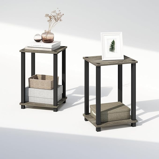 Furinno Simplistic Night Stand Set of 2, 2-Tier Small Nightstand with Open Shelf, Toolless Bedside Table, End Table, Side Table, for Bedroom, Closet, Dorm, French Oak